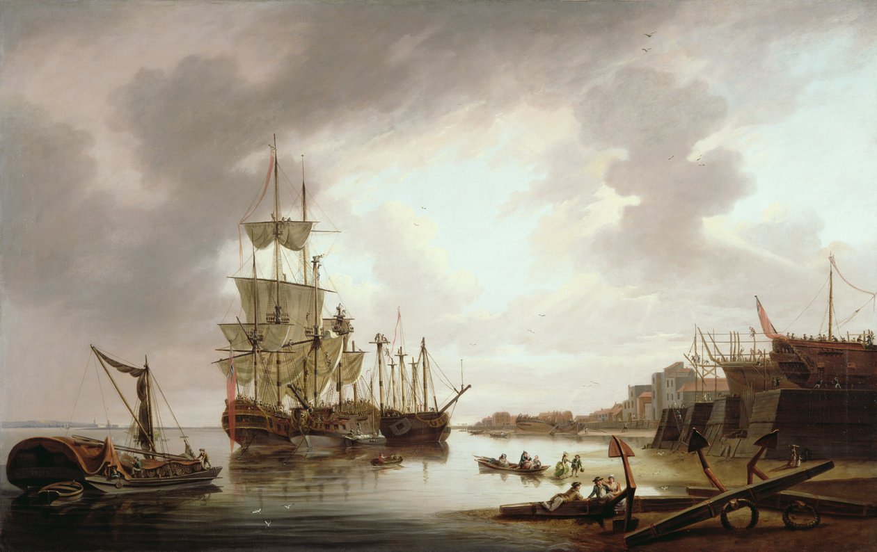 Britische Kriegsschiffe vor Anker in Blackwall Reach, 1792 von Dominic Serres
