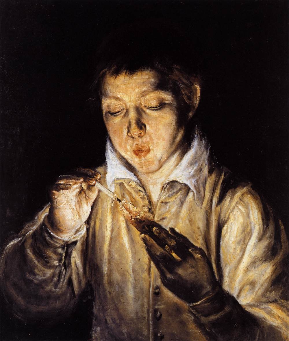 Ein Junge bläst auf eine Glut, um eine Kerze anzuzünden von El Greco