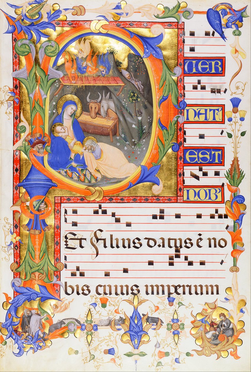 Geburt Christi, in einem Initial P von Don Silvestro dei Gherarducci