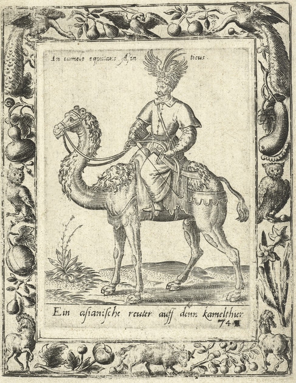 Arabischer Jäger reitet auf einem Kamel, veröffentlicht 1577 von Dutch School