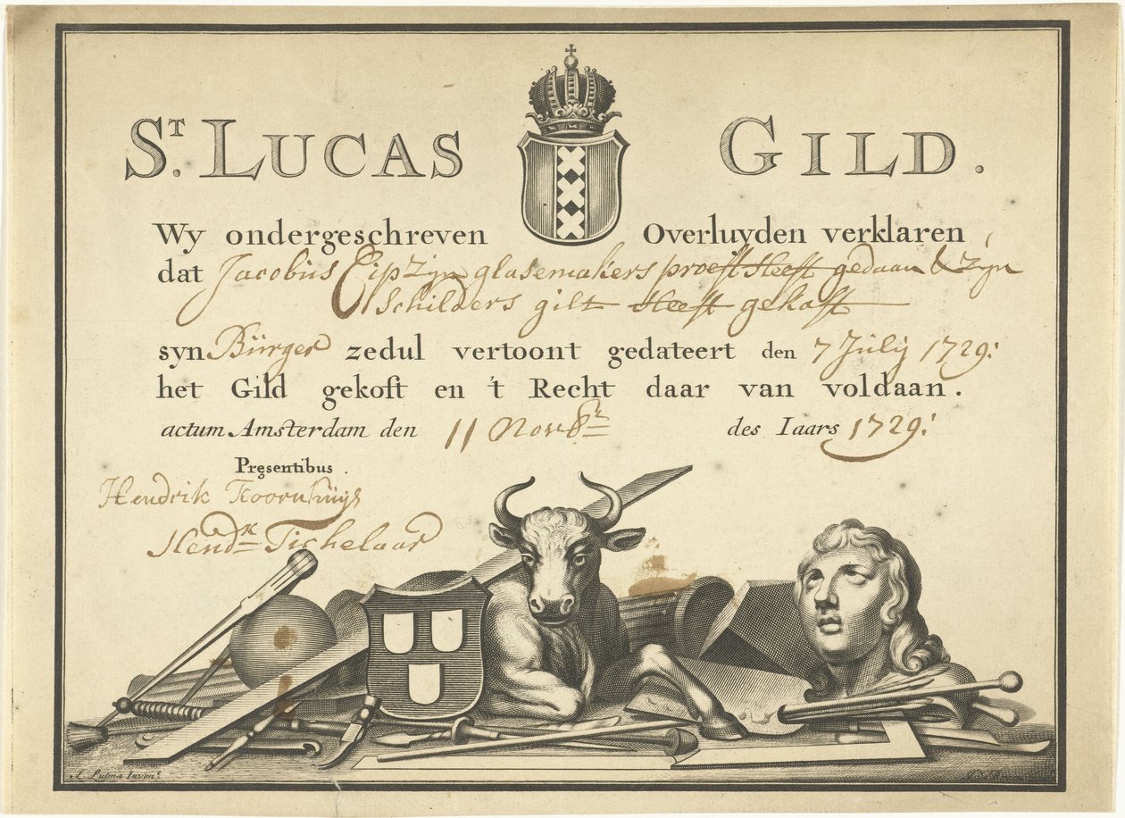 Quittung der Lukasgilde in Amsterdam an den Glaser James Cip, 1729 von Dutch School