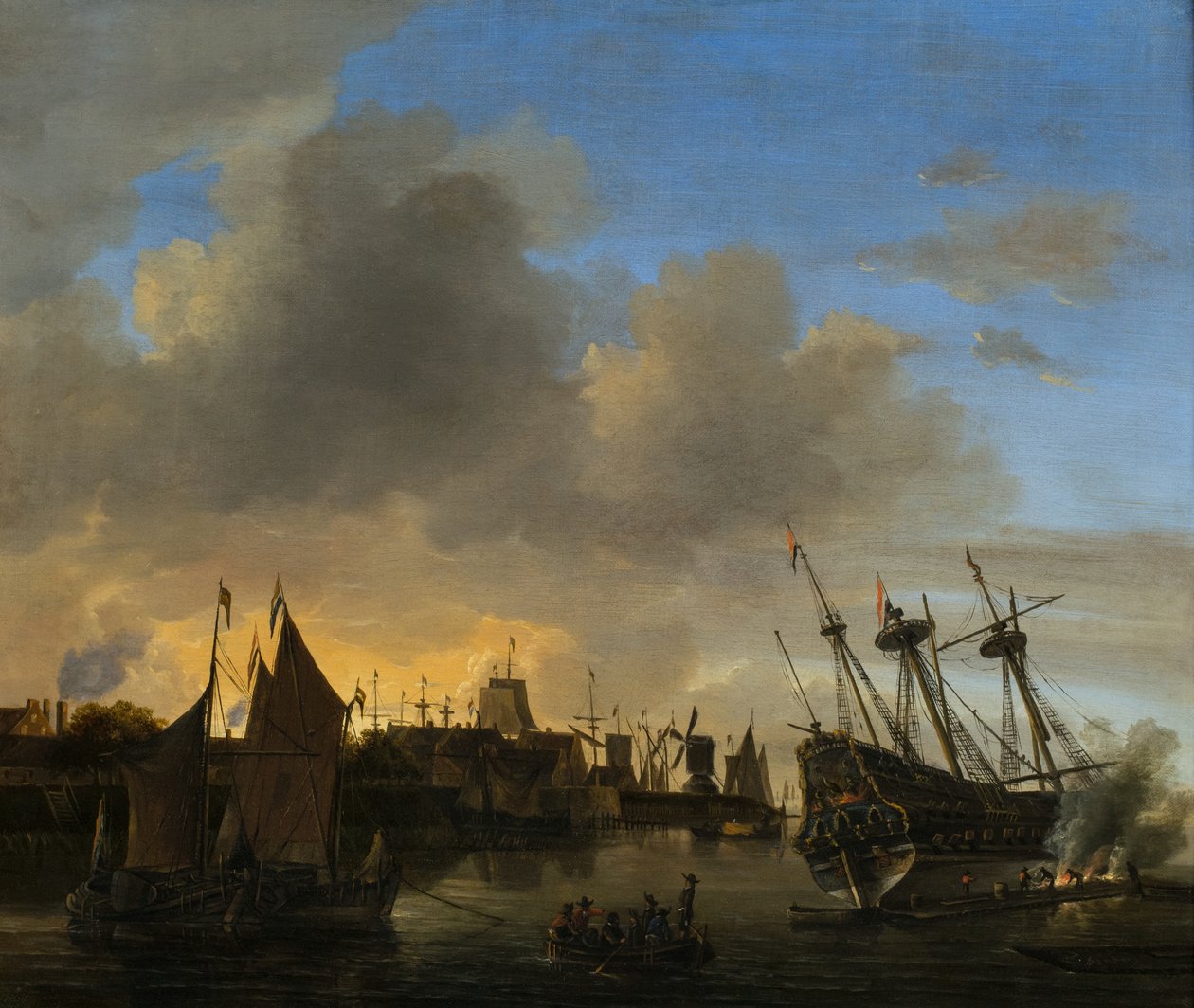 Zahlreiche Schiffe in einem niederländischen Hafen von Dutch School