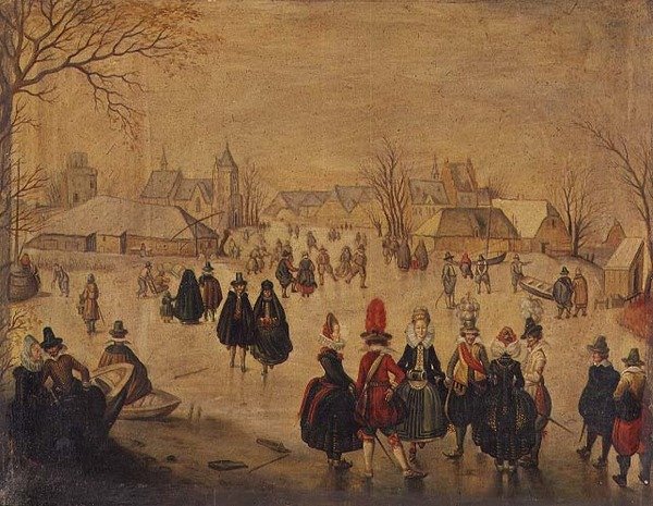 Winterlandschaft: Stilvolle Schlittschuhläufer auf einem See von Dutch School