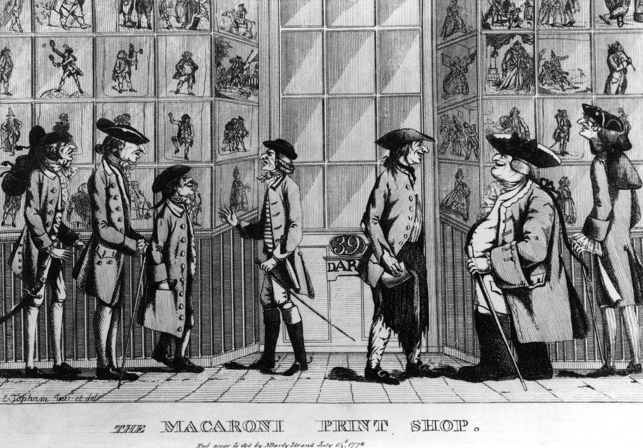 Der Macaroni-Druckladen, veröffentlicht von N. Darley, 1772 von E Jopham