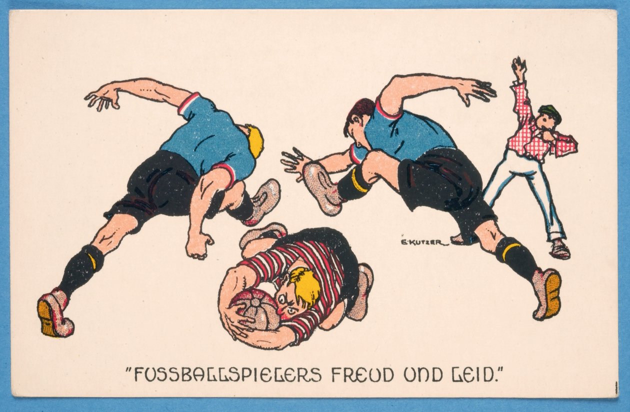 Freud und Leid des Fußballspielers, Postkarte mit Fußballspielern von E. Kutzer