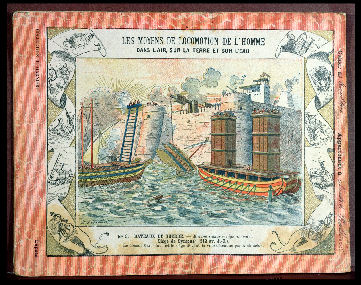 Deckblatt eines Schulheftes, das die Belagerung von Syrakus durch die Römer unter dem Konsul Marcus Claudius Marcellus (268-208 v. Chr.) im Jahr 212 v. Chr. darstellt, ca. 1900 von E. Letellier