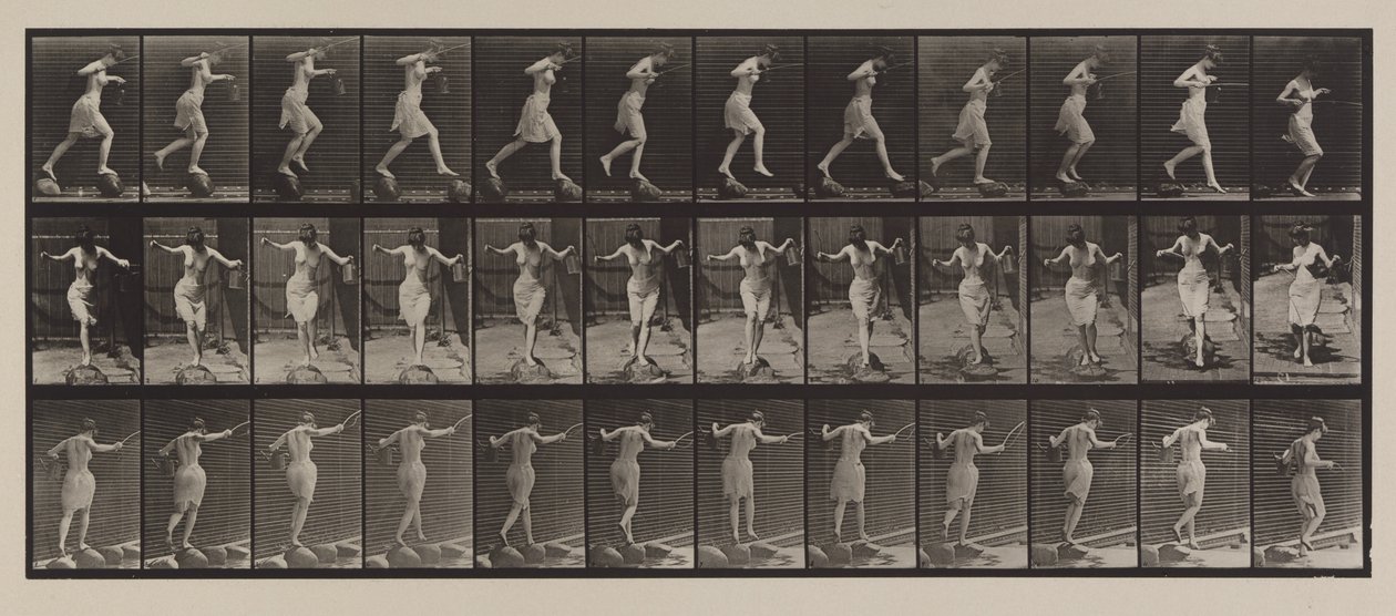 Platte Nummer 175. Überqueren eines Baches auf Trittsteinen mit Angelrute und Dose, 1887 von Eadweard Muybridge