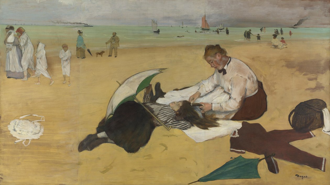 Strandszene: kleines Mädchen wird von ihrer Nanny gekämmt, ca. 1876-77 von Edgar Degas
