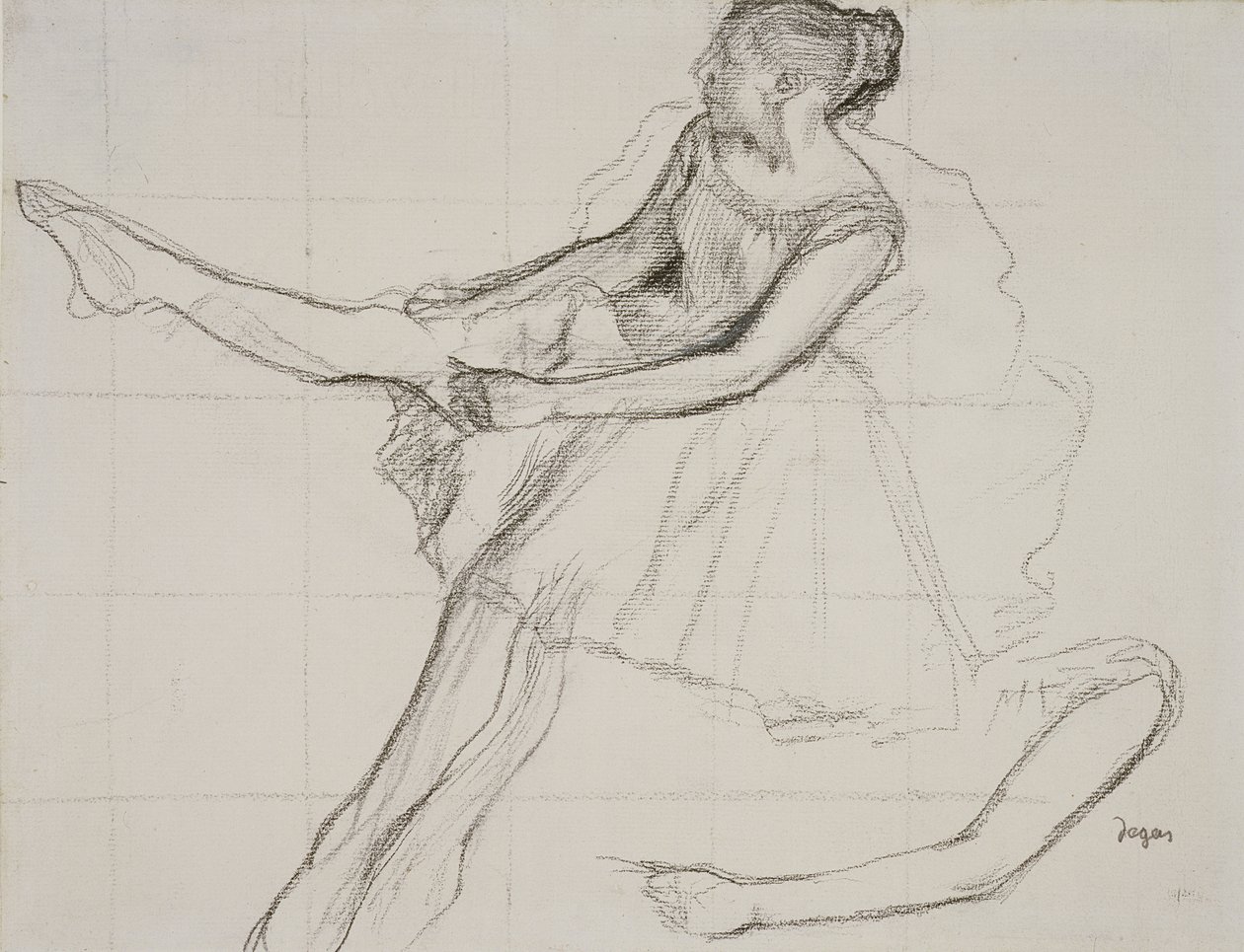 Tänzerin, die ihre Strumpfhose anpasst, um 1880 von Edgar Degas