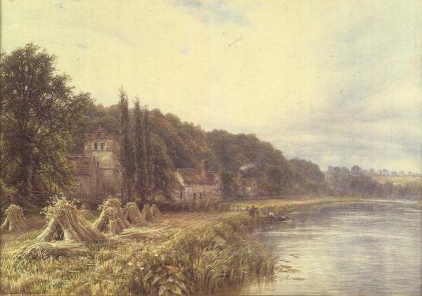 Dorf am Fluss mit angelnden Figuren von Edmund George Warren