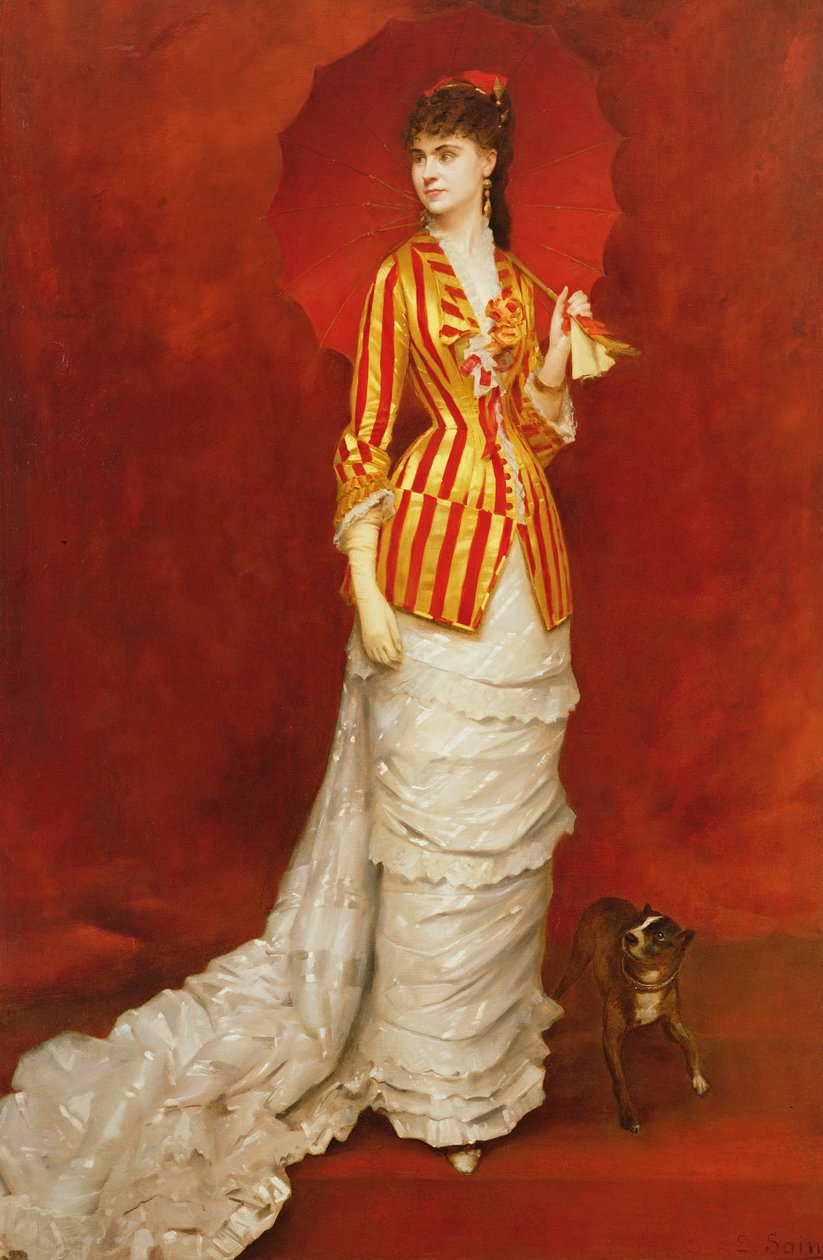 Porträt einer Dame in einer gestreiften Jacke mit einem Sonnenschirm von Edouard Alexandre Sain