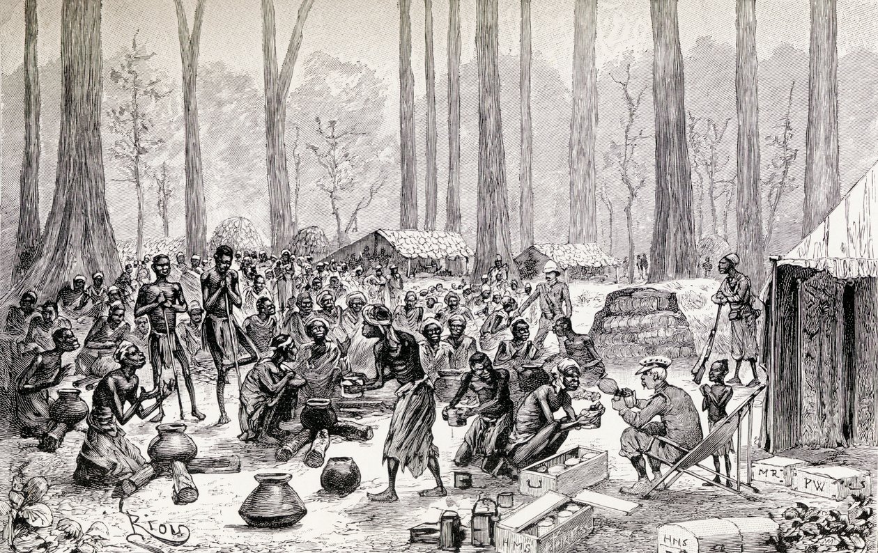 Pfadfinder verteilen Milch und Butter für Brühe an hungernde Pygmäen, 1890 (Holzstich) von Edouard Riou