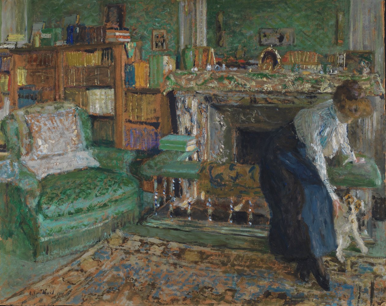 Marguerite Chapin in ihrer Wohnung mit ihrem Hund, 1910 von Edouard Vuillard
