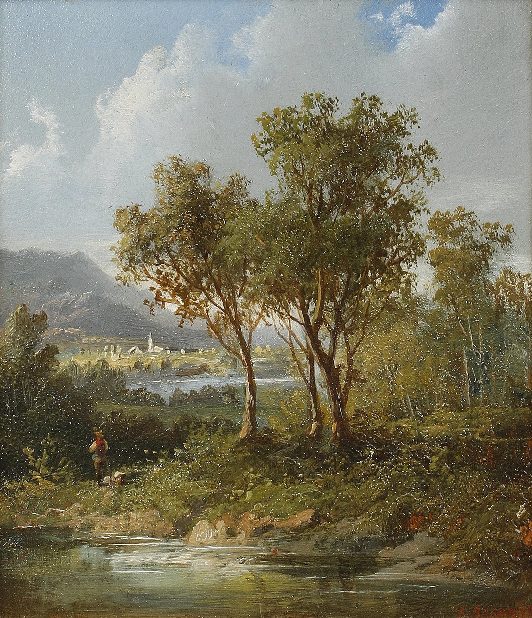 Figur neben einem See mit fernen Bergen von Eduard Boehm
