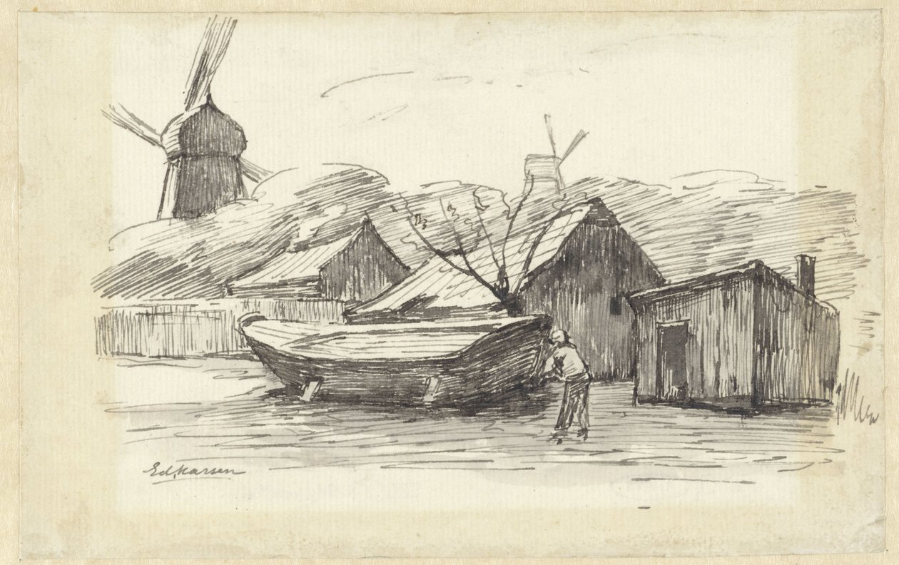 Boot, Häuser und eine Windmühle von Eduard Karsen