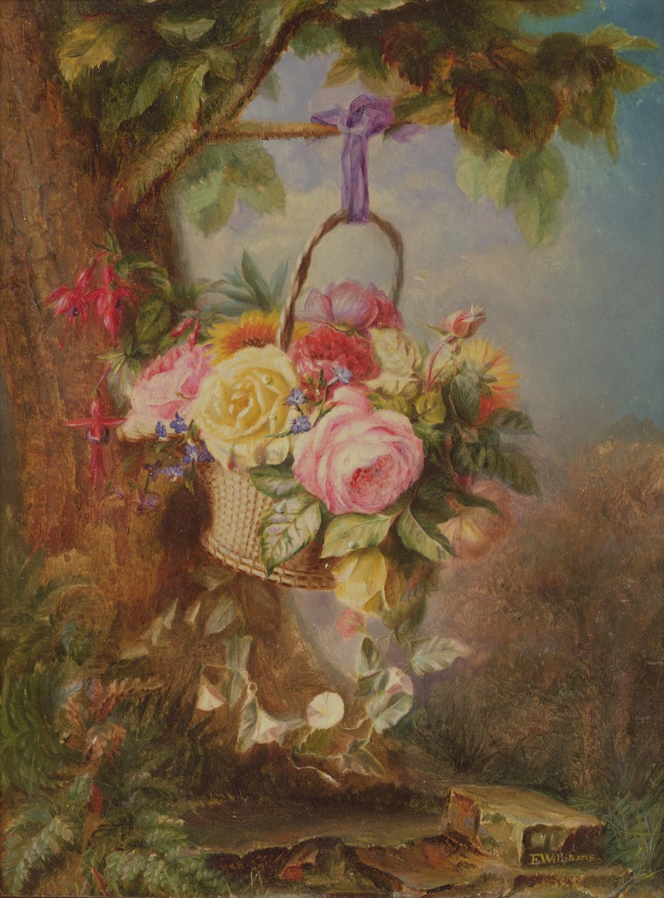 Korb mit Rosen und Fuchsien, 19. Jahrhundert von Edward Williams