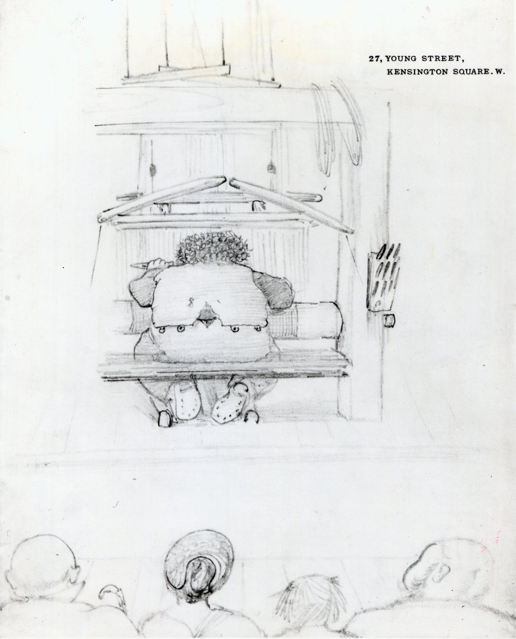 William Morris an seinem Webstuhl, Karikatur von Edward Burne Jones