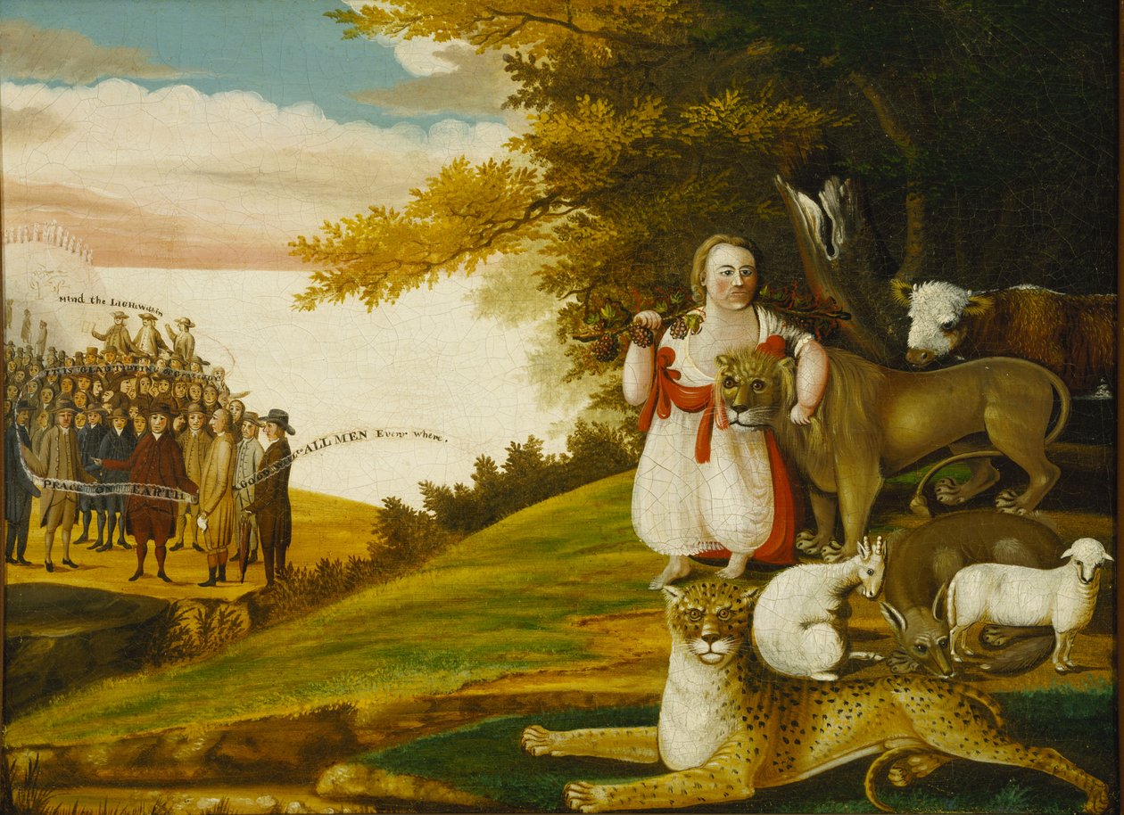 Ein friedliches Königreich mit Quäkern, die Banner tragen von Edward Hicks