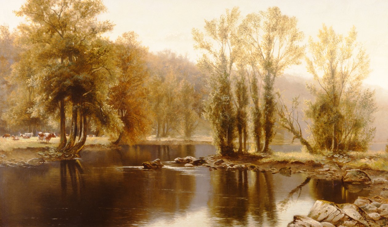 Weite Flusslandschaft mit Vieh von Edward J. Duval