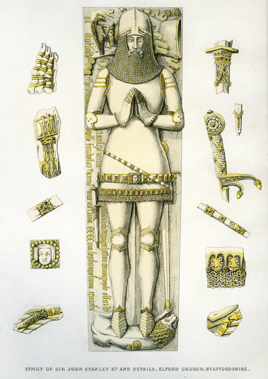 Abbildung und Details der Rüstung des Grabmals von Sir John Stanley, St. Peter
