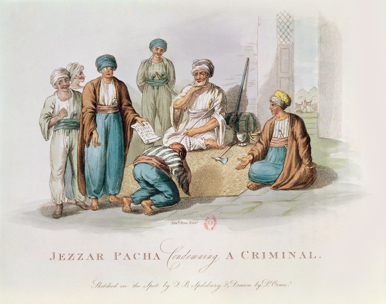 Jezzar Pacha ca. 1720-1804 verurteilt einen Verbrecher, Farbgravur von Edward Orme
