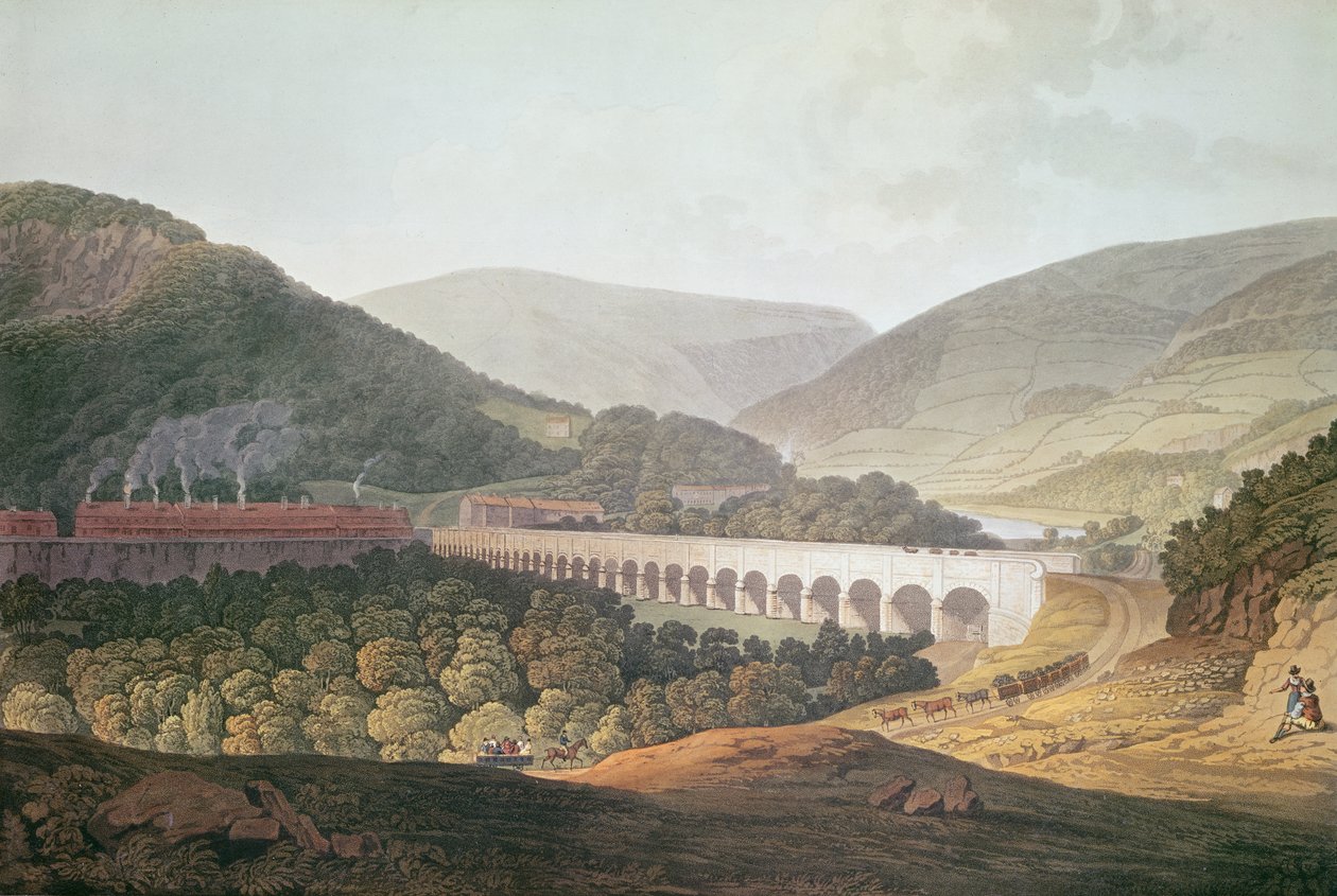 Ansicht einer Steinbrücke über das Tal und den Fluss bei Risca in Monmouthshire von Edward Pugh
