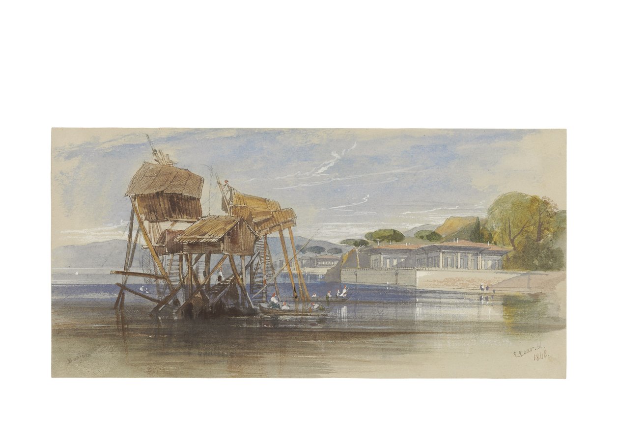 Fischerhäuser am Bosporus, 1848 von Edward Lear