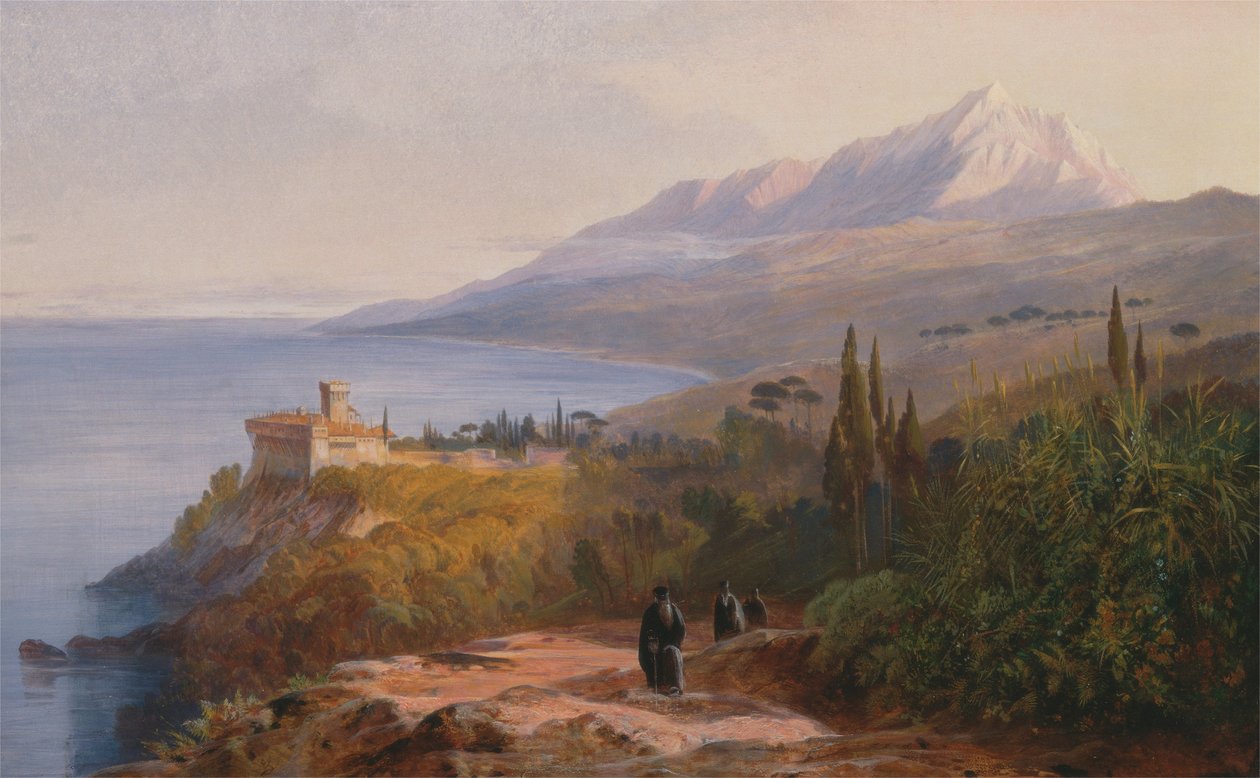 Berg Athos und das Kloster Stavronikétes von Edward Lear