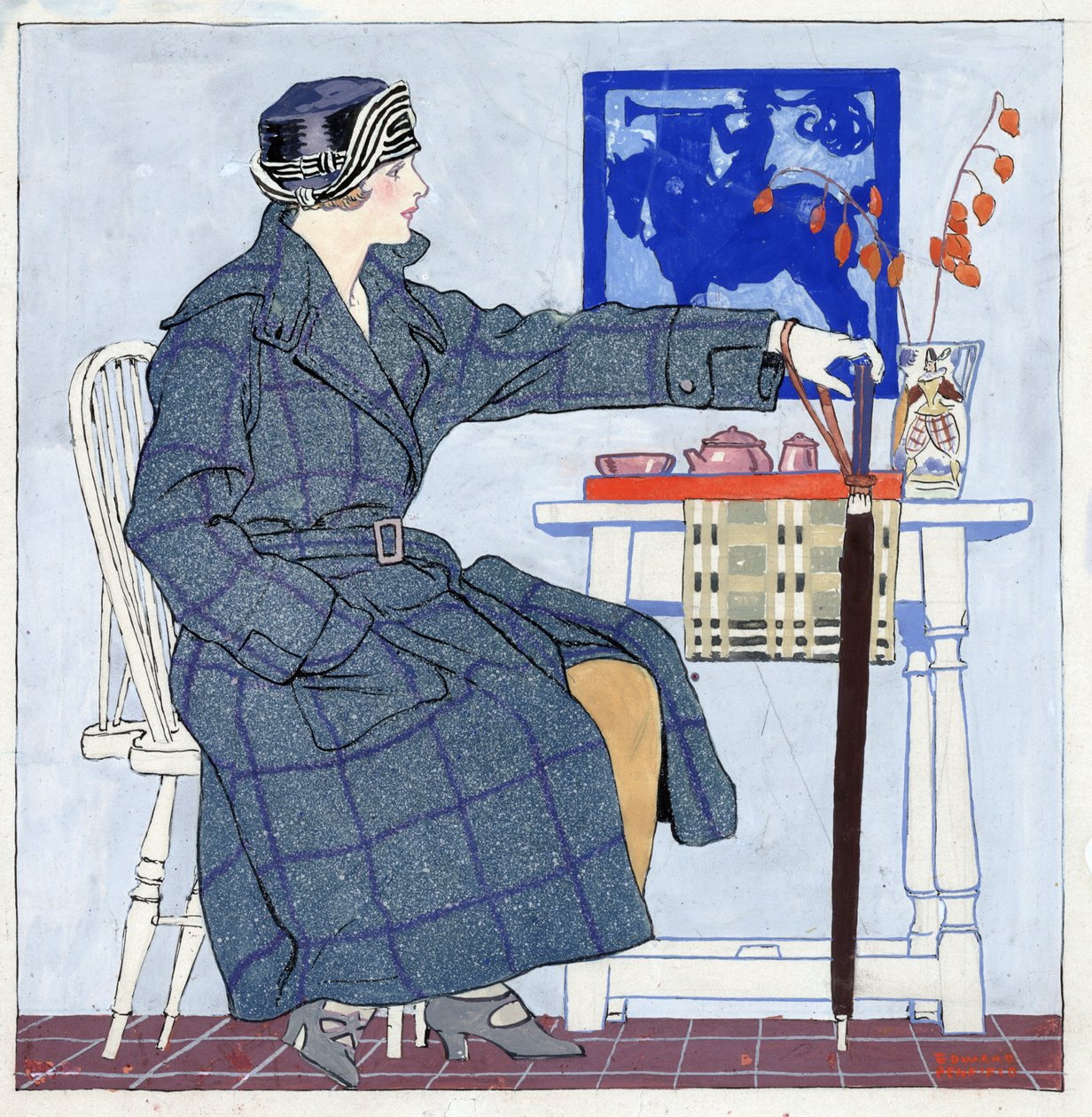 Junge Frau sitzt neben einem Tisch und hält einen Regenschirm von Edward Penfield