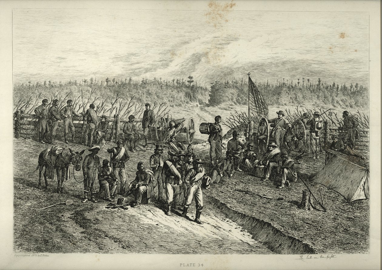 Druck von Soldaten, die an der Front hinter einer Barrikade warten. Drei Soldaten und ein afroamerikanischer Mann mit einem Maultier stehen und sitzen um ein Lagerfeuer, während eine Gruppe anderer Soldaten vorbeigeht. von Edwin Austin Forbes
