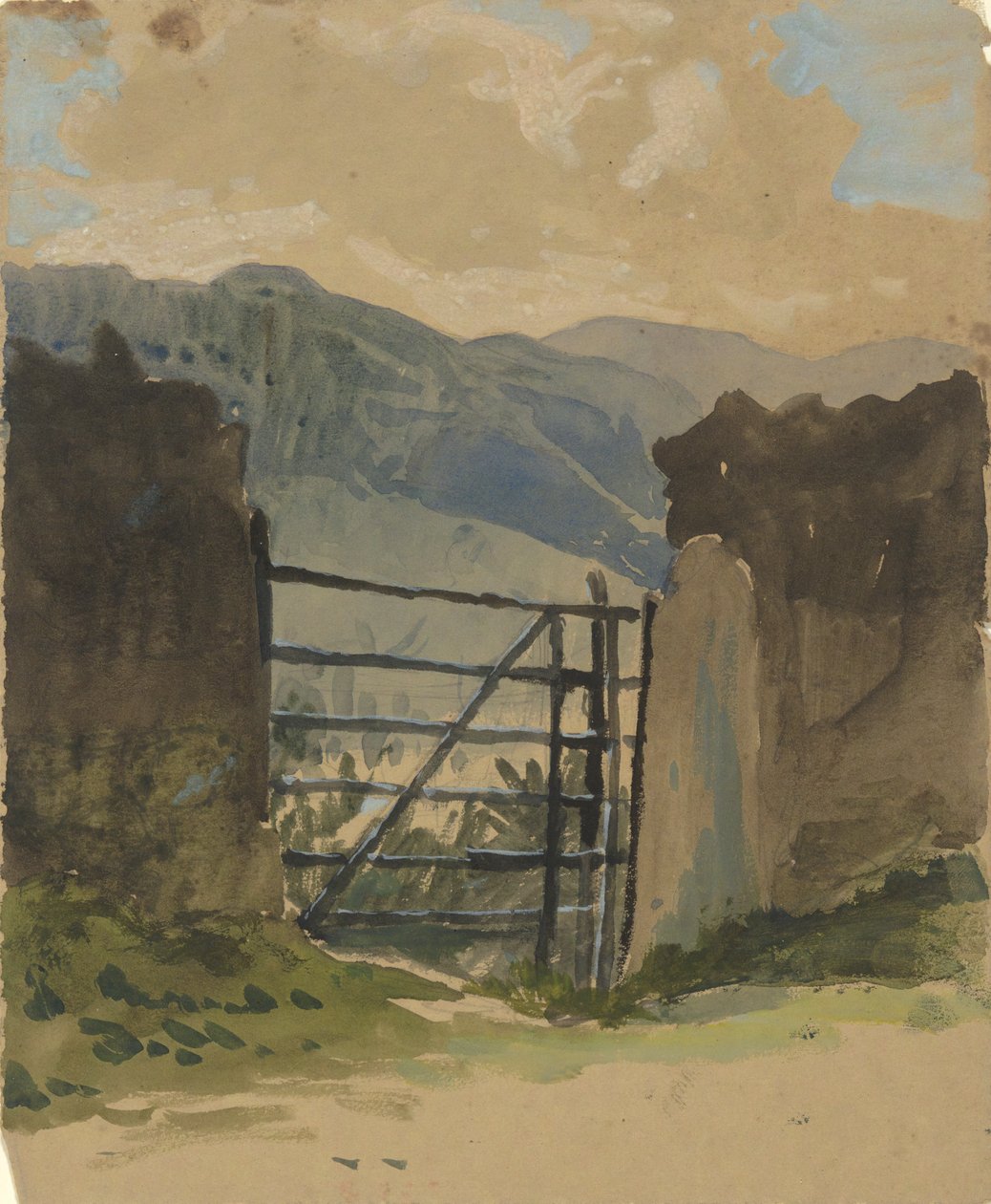 Steinmauer und Tor, Skizze von Edwin Austin Abbey