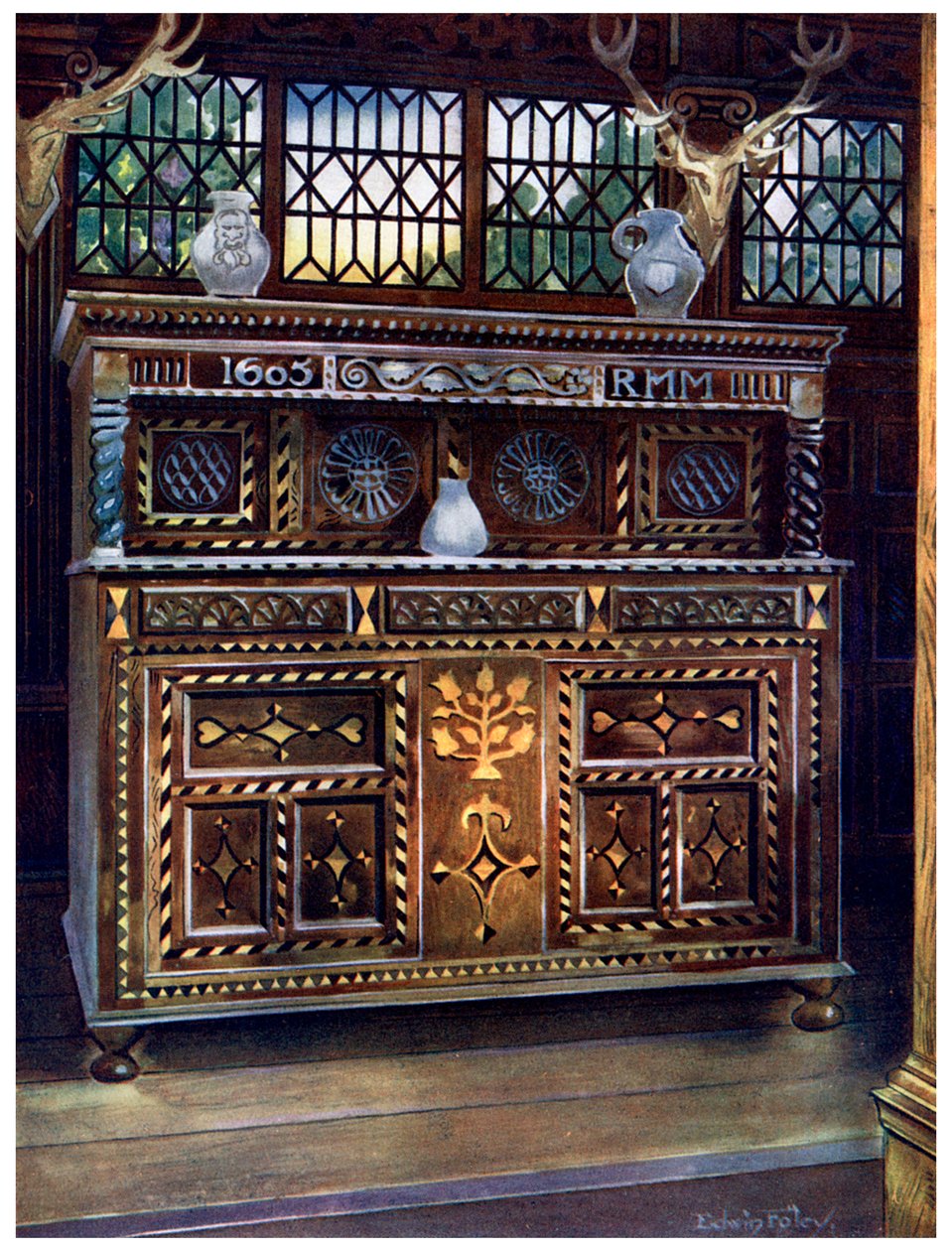 Geschnitzter und eingelegter Eichenschrank, 1910 von Edwin Foley