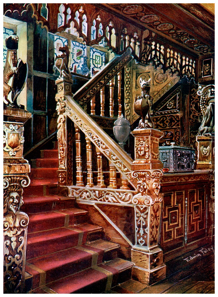 Geschnitzte Eichenholztreppe, Godinton, 1910 von Edwin Foley