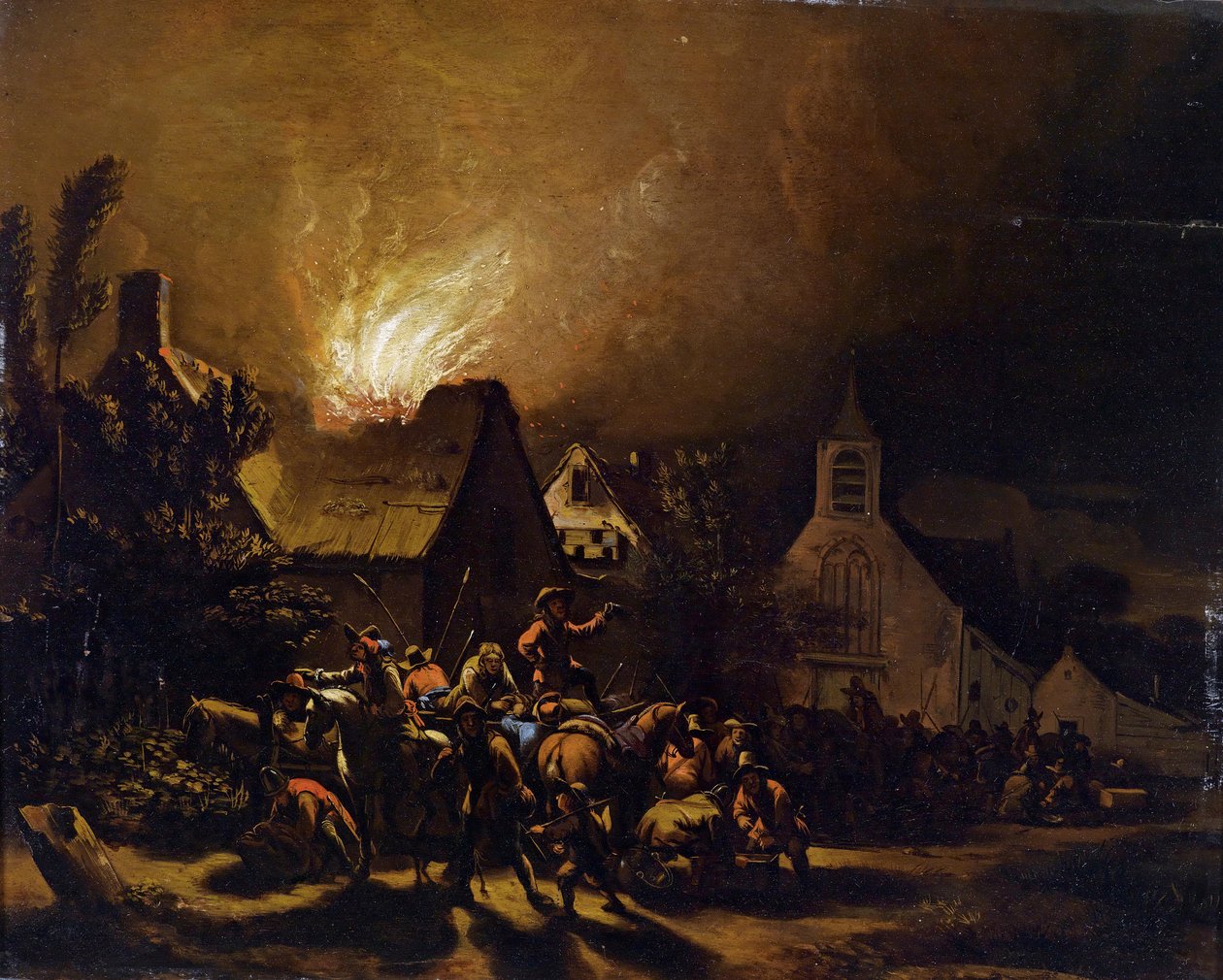 Marodeure vor einem brennenden Dorf von Egbert van der Poel