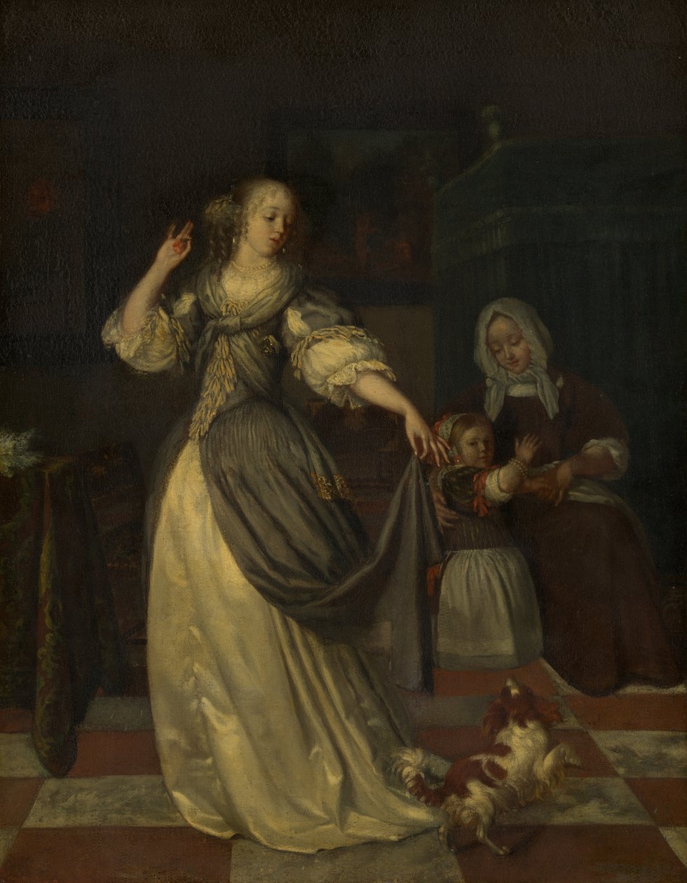 Dame spielt mit einem Hund von Eglon van der Neer