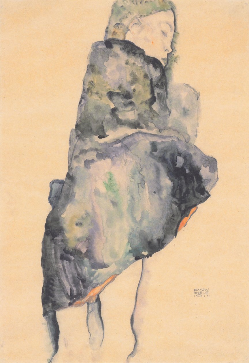 Schlafendes Mädchen in eine Decke gehüllt von Egon Schiele