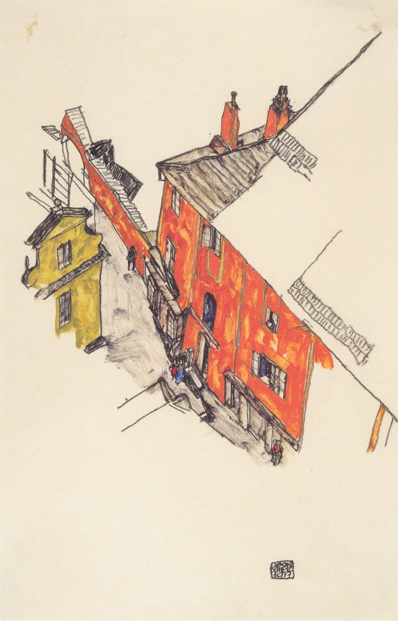 Alte Giebelhäuser in Krumau vom Schlossberg aus von Egon Schiele