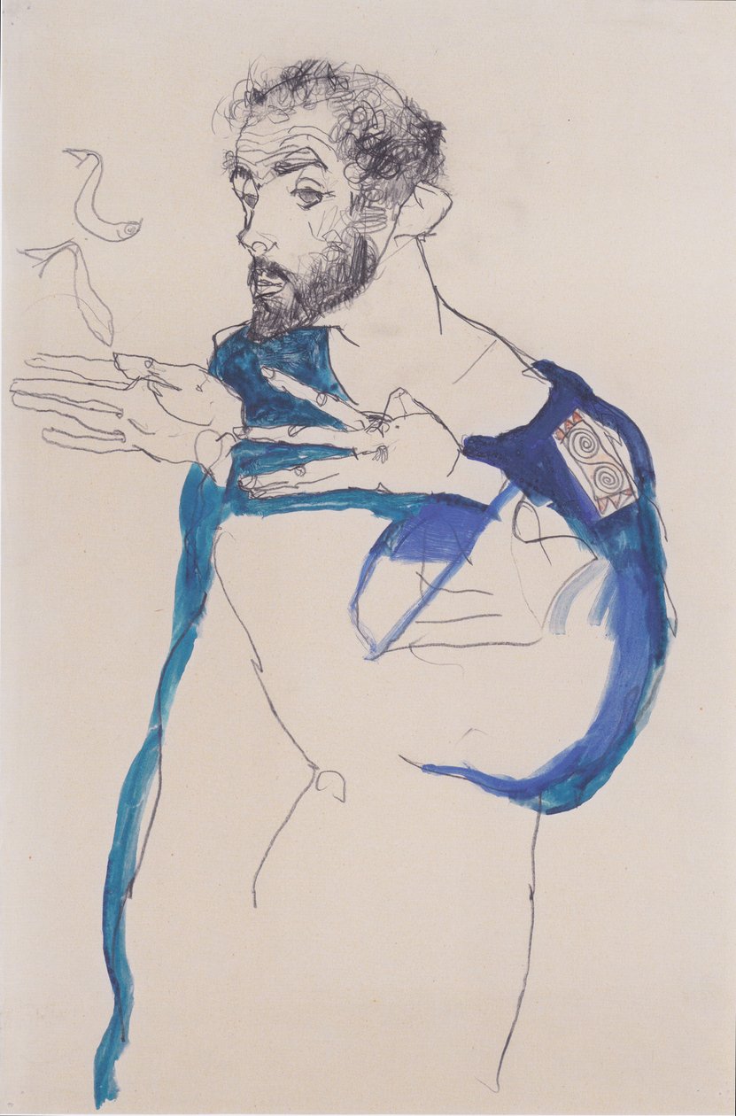 Gustav Klimt im blauen Malerkittel von Egon Schiele