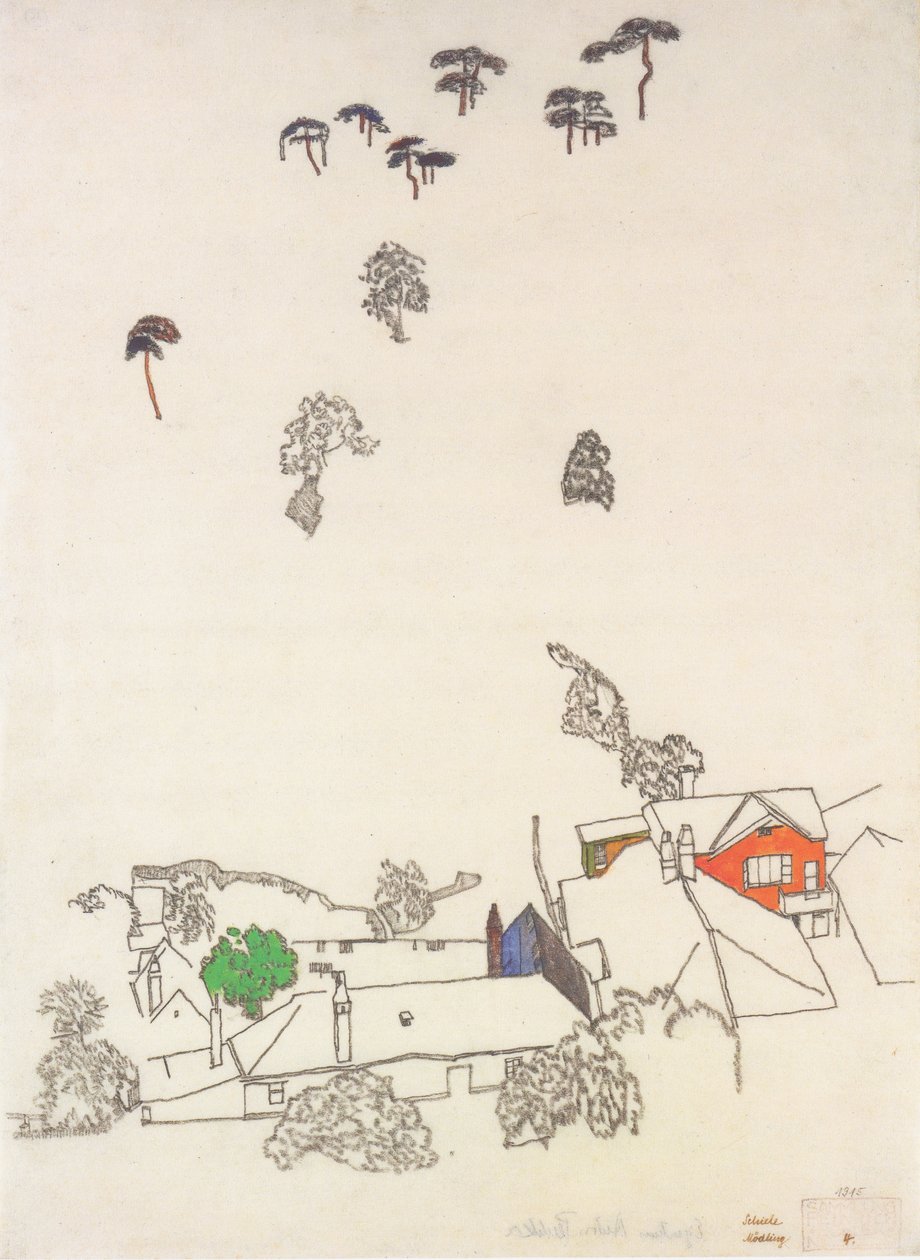 Häuser und Föhren bei Mödling von Egon Schiele