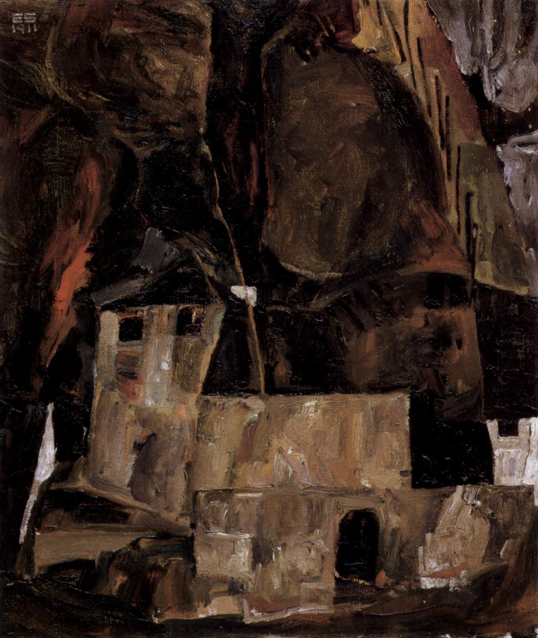 Mauer und Haus vor hügligem Gelände mit Zaun von Egon Schiele