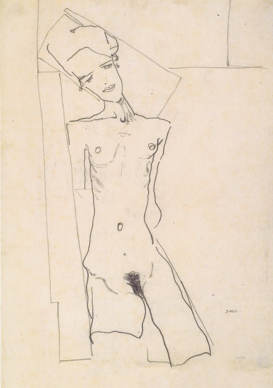 Stehender weiblicher Akt vor geometrischen Formen von Egon Schiele