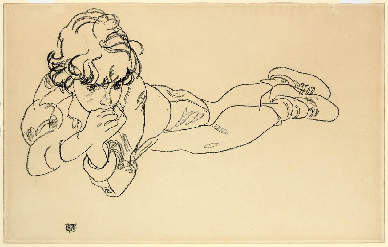 Junge, der auf dem Bauch liegt, 1918 von Egon Schiele