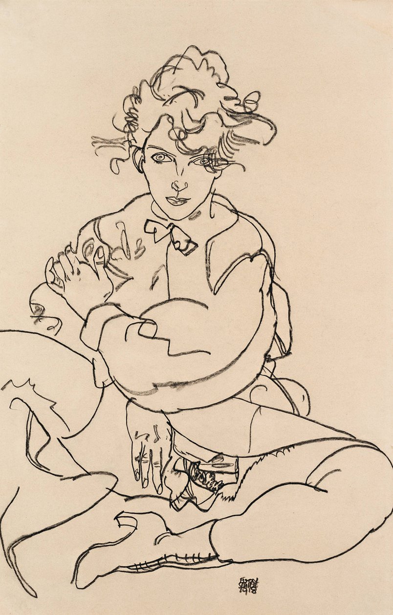 Mädchen sitzt mit gespreizten Beinen, 1918 von Egon Schiele