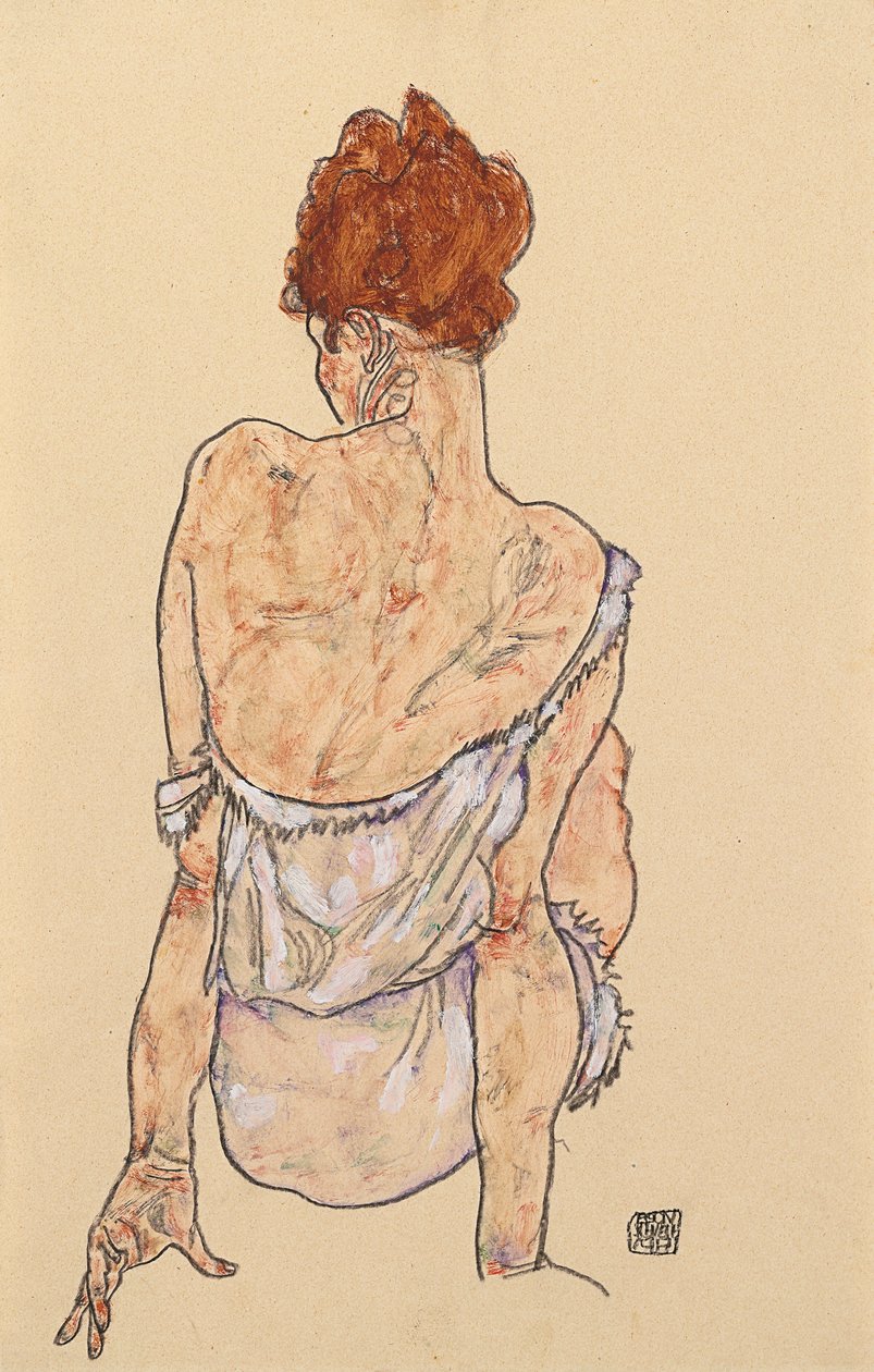 Sitzende Frau in Unterwäsche, Rückansicht, 1917 von Egon Schiele