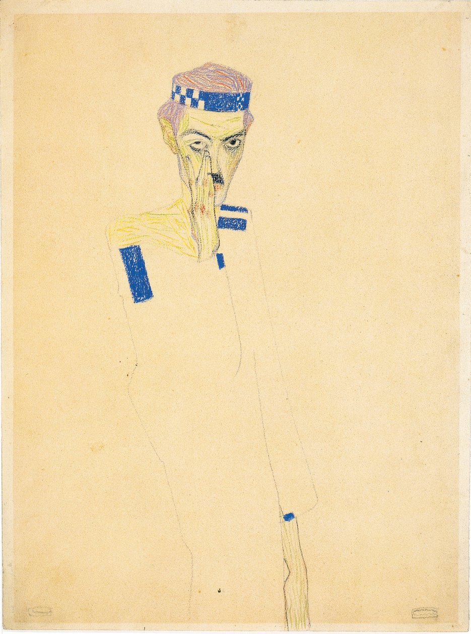 Selbstporträt mit blau kariertem Stirnband, 1909 von Egon Schiele