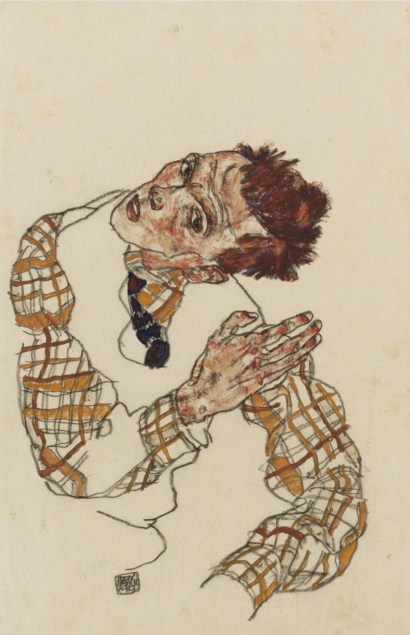 Selbstporträt mit kariertem Hemd, 1917 von Egon Schiele