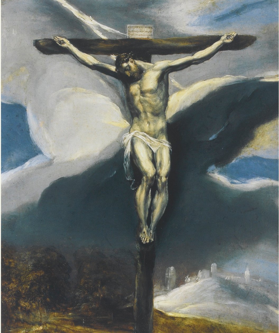 Christus am Kreuz in einer Landschaft von El Greco
