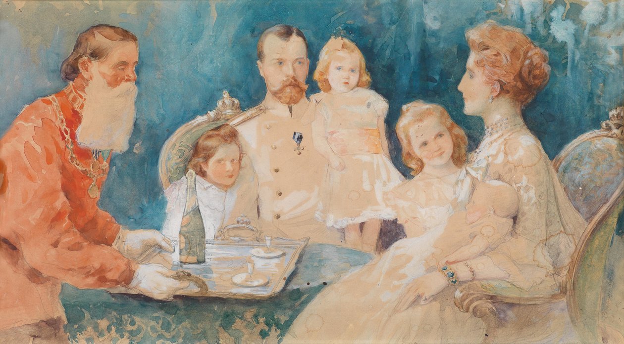 Zar Nikolaus II. und Zarin Alexandra Fjodorowna mit ihren Töchtern Olga, Tatjana, Maria und Anastasia (als Baby) von Elena Samokich Soudkovskaïa
