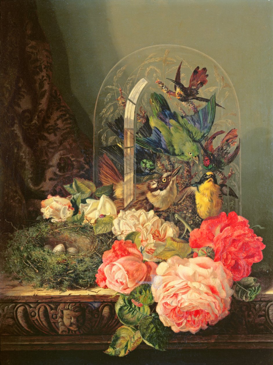 Stillleben mit Vögeln, Blumen und einem Vogelnest auf einem Tisch von Ellen Ladell
