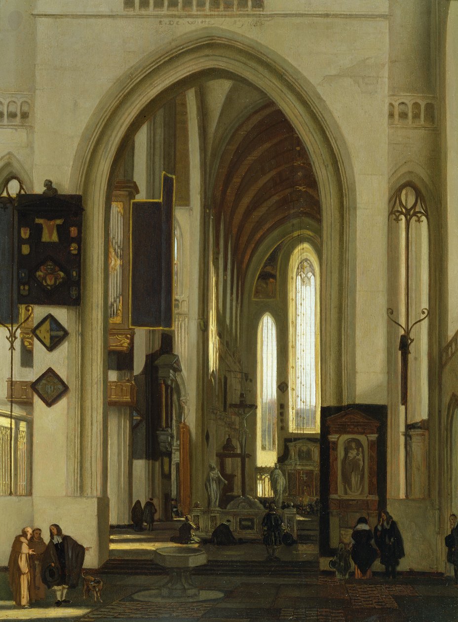 Innenansicht einer Kirche mit Figuren von Emanuel de Witte